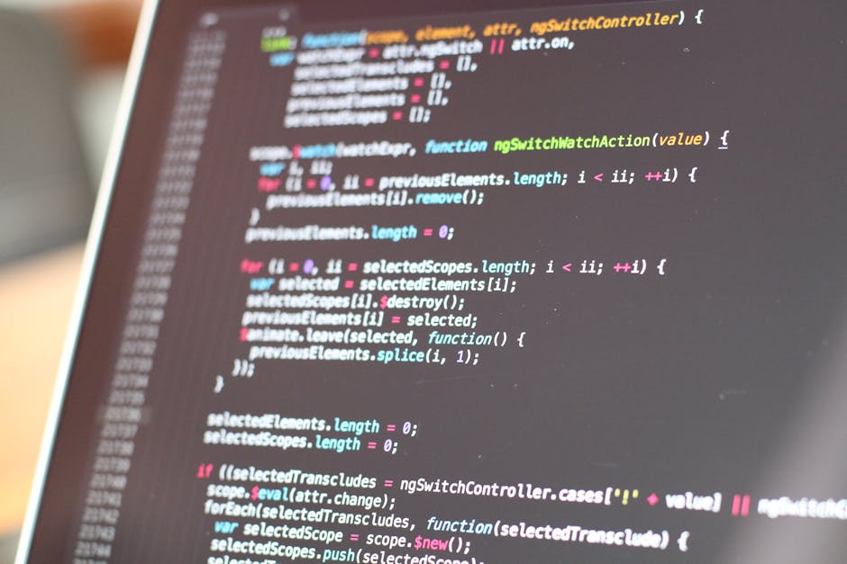 A close-up image of a computer screen displaying lines of colorful code in a text editor. The code appears to be written in JavaScript, with keywords highlighted in blue, functions in green, and comme